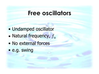 Free oscillators Undamped oscillator Natural frequency,   o No external forces e.g. swing 