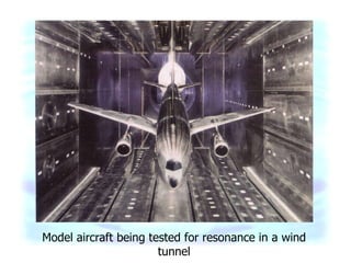 Model aircraft being tested for resonance in a wind tunnel 