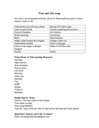 Free and Life-Long
For fun or out of personal interest, which of these would you want to learn
about or learn to do?
Take better pics with your phone Review CO traffic laws
Learn to pick a lock Create a painting with acrylics
Civics/citizenship Art history
Great paintings Literature
Math Neuroscience
Adopt a plant-based diet (vegan) Change a bike tire
Understand football Learn a language
Learn to use Skype or Google
Hangout
Make a YouTube video
Scotch Other:
Prime Places to Find Learning Resources
YouTube
Open Culture
Khan Academy
Future Learn
Life Hack
WikiHow
eHow.com
Gizmodo
Ted
AARP
Google
iTunes U
Dummies
Google Search Terms
How to + the topic (How to knit socks)
Free online courses
Free online MOOCS
Tutorial: Topic (Tutorial: How to take better pictures with your phone)
Questions? Sources you’d like to share?
Email: alicebedardvoorhees@gmail.com
 