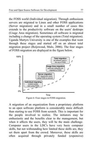 Free and Open Source Software for Development
the FOSS world (Individual migration). Through enthusiasm
servers are migrated to Linux and other FOSS applications
(Server migration) and in a small number of cases this
extends to the productivity software on the users' desktops
(Usage Area migration). Sometimes all software is migrated
including a change of the operating system (Total migration).
Uganda Martyrs University is one of the examples that went
through these stages and started off on an almost total
migration project (Reijswoud, Mulo, 2006). The four stages
of FOSS migration are displayed in the figure below.
Figure 6: Four stages in FOSS migration.
A migration of an organization from a proprietary platform
to an open software platform is considerably more difficult
than starting to use FOSS from scratch. This is important for
the people involved to realize. The initiators may be
enthusiastic and the benefits clear to the management, but
when it affects the users, they will be the main challenge.
Computer users in the LDC's have very basic computer
skills, but not withstanding how limited these skills are, they
set them apart from the crowd. Moreover, these skills are
often acquired through privately funded (expensive)
Organizationinvolvement
0%
100%
Time
Individual migrating
isolated people
start using FOSS
Server migration
ICT department starts
using FOSS on servers
Usage Area migration
particular softwares are
migrated to FOSS
Total migration
all software used in
the org is FOSS
77
 