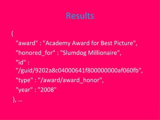 Results { "award" : "Academy Award for Best Picture", "honored_for" : "Slumdog Millionaire", "id" : "/guid/9202a8c04000641f800000000af060fb", "type" : "/award/award_honor", "year" : "2008" }, … 