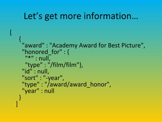Let’s get more information… [   {     "award" : "Academy Award for Best Picture",     "honored_for" : {       "*" : null,       "type" : "/film/film"},     "id" : null,     "sort" : "-year",     "type" : "/award/award_honor",     "year" : null   } ] 