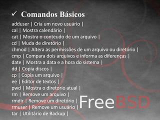  Comandos Básicos 
adduser | Cria um novo usuário | 
cal | Mostra calendário | 
cat | Mostra o conteudo de um arquivo | 
cd | Muda de diretório | 
chmod | Altera as permissões de um arquivo ou diretório | 
cmp | Compara dois arquivos e informa as diferenças | 
date | Mostra a data e a hora do sistema | 
dd | Copia discos | 
cp | Copia um arquivo | 
ee | Editor de textos | 
pwd | Mostra o diretorio atual | 
rm | Remove um arquivo | 
rmdir | Remove um diretório | 
rmuser | Remove um usuário | 
tar | Utilitário de Backup | 
 