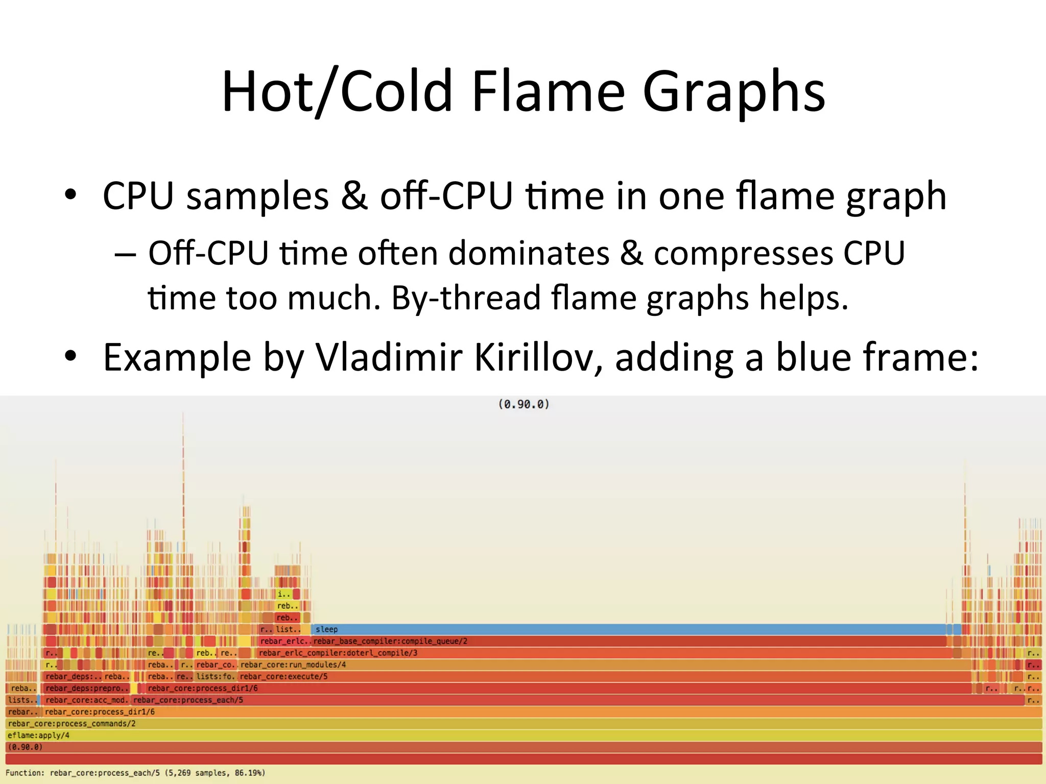 Hot/Cold 
Flame 
Graphs 
• CPU 
samples 
& 
off-­‐CPU 
=me 
in 
one 
flame 
graph 
– Off-­‐CPU 
=me 
ofen 
dominates 
& 
compresses 
CPU 
=me 
too 
much. 
By-­‐thread 
flame 
graphs 
helps. 
• Example 
by 
Vladimir 
Kirillov, 
adding 
a 
blue 
frame: 
 