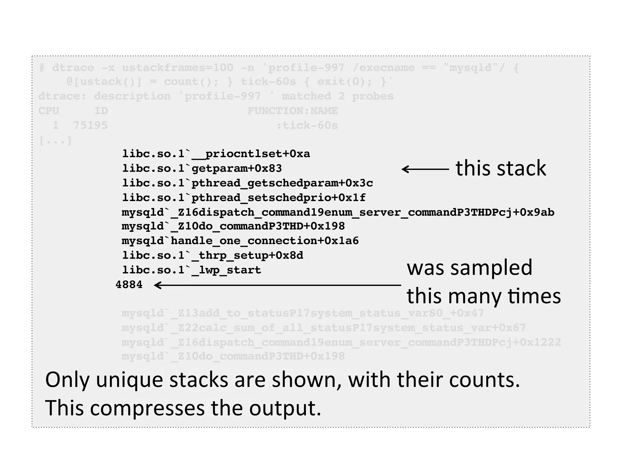 # dtrace -x ustackframes=100 -n 'profile-997 /execname == "mysqld"/ {! 
@[ustack()] = count(); } tick-60s { exit(0); }'! 
dtrace: description 'profile-997 ' matched 2 probes! 
CPU ID FUNCTION:NAME! 
1 75195 :tick-60s! 
[...]! 
libc.so.1`__priocntlset+0xa! 
libc.so.1`getparam+0x83! 
libc.so.1`pthread_getschedparam+0x3c! 
libc.so.1`pthread_setschedprio+0x1f! 
mysqld`_Z16dispatch_command19enum_server_commandP3THDPcj+0x9ab! 
mysqld`_Z10do_commandP3THD+0x198! 
mysqld`handle_one_connection+0x1a6! 
libc.so.1`_thrp_setup+0x8d! 
libc.so.1`_lwp_start! 
4884! 
! 
this 
stack 
was 
sampled 
this 
many 
=mes 
mysqld`_Z13add_to_statusP17system_status_varS0_+0x47! 
mysqld`_Z22calc_sum_of_all_statusP17system_status_var+0x67! 
mysqld`_Z16dispatch_command19enum_server_commandP3THDPcj+0x1222! 
mysqld`_Z10do_commandP3THD+0x198! 
mysqld`handle_one_connection+0x1a6! 
libc.so.1`_thrp_setup+0x8d! 
libc.so.1`_lwp_start! 
5530! 
Only 
unique 
stacks 
are 
shown, 
with 
their 
counts. 
This 
compresses 
the 
output. 
 