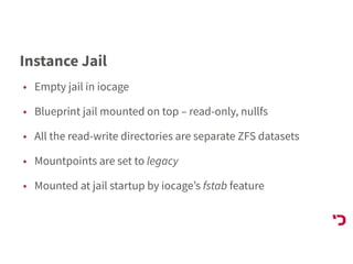 Instance Jail
• Empty jail in iocage
• Blueprint jail mounted on top – read-only, nullfs
• All the read-write directories are separate ZFS datasets
• Mountpoints are set to legacy
• Mounted at jail startup by iocage’s fstab feature
 