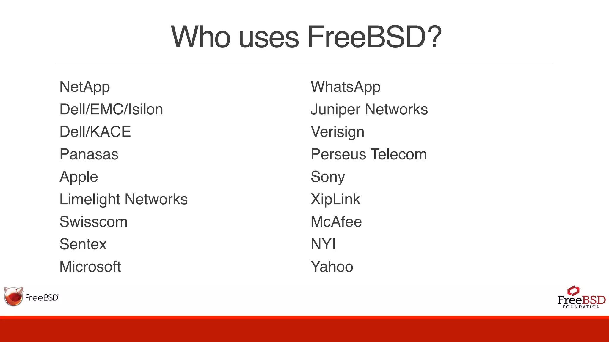 Who uses FreeBSD?
NetApp
Dell/EMC/Isilon
Dell/KACE
Panasas
Apple
Limelight Networks
Swisscom
Sentex
Microsoft
WhatsApp
Juniper Networks
Verisign
Perseus Telecom
Sony
XipLink 
McAfee
NYI
Yahoo
 