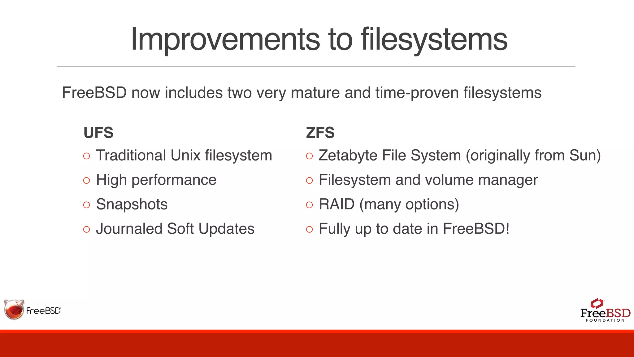 Improvements to filesystems
FreeBSD now includes two very mature and time-proven filesystems
UFS
◦ Traditional Unix filesystem
◦ High performance
◦ Snapshots
◦ Journaled Soft Updates
ZFS
◦ Zetabyte File System (originally from Sun)
◦ Filesystem and volume manager
◦ RAID (many options)
◦ Fully up to date in FreeBSD!
 
