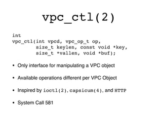 vpc_ctl(2)
int 
vpc_ctl(int vpcd, vpc_op_t op, 
size_t keylen, const void *key, 
size_t *vallen, void *buf);
• Only interf...