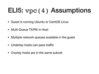 ELI5: vpc(4) Assumptions
• Guest is running Ubuntu or CentOS Linux

• Multi-Queue TX/RX in Host

• Multiple network queues...