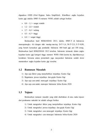 2
digunakan OHIS (Oral Hygiene Index Simplified). Klasifikasi angka kejadian
karies gigi (indeks DMF-T) menurut WHO, adalah sebagai berikut:
 0,0 – 1,1 = sangat rendah
 1,2 – 2,6 = rendah
 2,7 – 4,4 = sedang
 4,5 – 6,5 = tinggi
 6,6 > = sangat tinggi
Berdasarkan hasil RISKESDAS 2013, indeks DMF-T di Indonesia
mencapaiangka 4,6 dengan nilai masing-masing D-T=1,6; M-T=2,9; F-T=0,08;
yang berarti kerusakan gigi penduduk Indonesia 460 buah gigi per 100 orang.
Berdasarkan hasil RISKESDAS 2013 tersebut, Indonesia termasuk dalam angka
kejadian karies gigi kategori tinggi menurut WHO. Oleh karena itu, diperlukannya
komitmen bersama antara pemerintah juga masyarakat Indonesia sendiri demi
menurunkan angka kejadian karies gigi tersebut.
1.2 Rumusan Masalah
1) Apa saja faktor yang menyebabkan terjadinya Karies Gigi
2) Bagaimana proses terjadinya dan gejala Karies Gigi
3) Apa saja cara untuk mencegah terjadinya Karies Gigi
4) Apa saja cara untuk mencapai Indonesia bebas Karies 2020
1.3 Tujuan
Berdasarkan rumusan masalah yang telah disebutkan di atas, maka tujuan
dari pembuatan makalah ini adalah sebagai berikut.
1) Untuk mengetahui faktor yang menyebabkan terjadinya Karies Gigi
2) Untuk mengetahui proses terjadinya dan gejala Karies Gigi
3) Untuk mengetahui cara mencegah terjadinya Karies Gigi
4) Untuk mengetahui cara mencapai Indonesia bebas Karies 2020
 