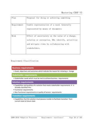 Mastering CBAP V3
2006-2016 ©Adaptive Processes Requirements excellence! Page 26 of 165
Plan Proposal for doing or achieving something
Requirement Usable representation of a need. Generally
represented by means of documents
Risk Effect of uncertainty on the value of a change,
solution or enterprise. BAs identify, prioritize
and mitigate risks by collaborating with
stakeholders.
Requirement Classification
• Goals, objectives and outcomes which indicate the reason for initiating a change
• Stakeholder needs which must be met to achieve business requirements
• Capabilities and qualities of a solution that meets stakeholder requirements. It is
broadly classified into:
• Functional requirements
• Non functional requirements or quality of service requirements
• Capabilities that the solution must possess inorder to facilitate transition from
current state to future state
Stakeholder requirements
Business requirements
Solution requirements
Transition requirements
 