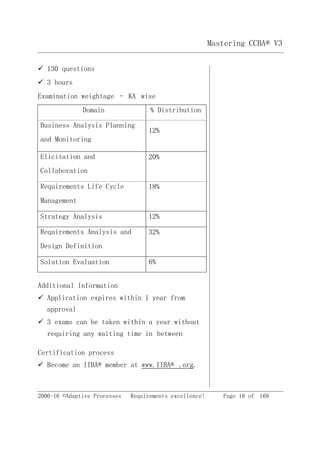 2006-16 ©Adaptive Processes Requirements excellence! Page 18 of 169
Mastering CCBA® V3
 130 questions
 3 hours
Examination weightage – KA wise
Domain % Distribution
Business Analysis Planning
and Monitoring
12%
Elicitation and
Collaboration
20%
Requirements Life Cycle
Management
18%
Strategy Analysis 12%
Requirements Analysis and
Design Definition
32%
Solution Evaluation 6%
Additional Information
 Application expires within 1 year from
approval
 3 exams can be taken within a year without
requiring any waiting time in between
Certification process
 Become an IIBA® member at www.IIBA® .org.
 
