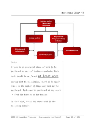 2006-16 ©Adaptive Processes Requirements excellence! Page 23 of 169
Mastering CCBA® V3
Tasks
A task is an essential piece of work to be
performed as part of business analysis. Each
task should be performed at least once
during most BA initiatives. There is no upper
limit to the number of times any task may be
performed. Tasks may be performed at any scale
– from few minutes to few months.
In this book, tasks are structured in the
following manner:
 