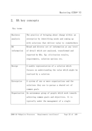 2006-16 ©Adaptive Processes Requirements excellence! Page 25 of 169
Mastering CCBA® V3
2. BA key concepts
Key terms
Business
analysis
The practice of bringing about change within an
enterprise by identifying needs and coming up
with solutions that deliver value to stakeholders
BA
information
Broad and diverse set of information at any level
of detail which are analysed, transformed and
reported by BAs. Eg: elicitation results,
requirements, solution options etc.
Design A usable representation of a solution which
focuses on understanding the value which might be
realized by a solution
Enterprise A system of one or more organizations and the
solutions they use to pursue a shared set of
common goals
Organization An autonomous group of people which work towards
achieving common goals and objectives. It is
typically under the management of a single
 