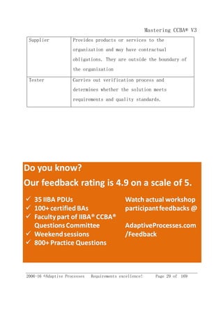 2006-16 ©Adaptive Processes Requirements excellence! Page 29 of 169
Mastering CCBA® V3
Supplier Provides products or services to the
organization and may have contractual
obligations. They are outside the boundary of
the organization
Tester Carries out verification process and
determines whether the solution meets
requirements and quality standards.
 