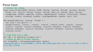 © 2016 MapR Technologies 10-27
// Define the schema
case class Flight(dofM: String, dofW: String, carrier: String, tailnum: String,
flnum: Int, org_id: String, origin: String, dest_id: String, dest: String,
crsdeptime: Double, deptime: Double, depdelaymins: Double, crsarrtime: Double,
arrtime: Double, arrdelay: Double, crselapsedtime: Double, dist: Int)
def parseFlight(str: String): Flight = {
val line = str.split(",")
Flight(line(0), line(1), line(2), line(3), line(4).toInt, line(5), line(6),
line(7), line(8), line(9).toDouble, line(10).toDouble, line(11).toDouble,
line(12).toDouble, line(13).toDouble, line(14).toDouble, line(15).toDouble,
line(16).toInt)
}
// load file into a RDD
val rdd = sc.textFile(”flights.csv”)
// create an RDD of Flight objects
val flightRDD = rdd.map(parseFlight).cache()
//Array(Flight(1,3,AA,N338AA,1,12478,JFK,12892,LAX 900.0,914.0,14.0,1225.0,1238.0,
13.0,385.0,2475)
Parse Input
 