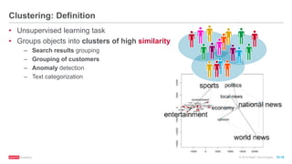 © 2016 MapR Technologies 10-19
Clustering: Definition
• Unsupervised learning task
• Groups objects into clusters of high similarity
– Search results grouping
– Grouping of customers
– Anomaly detection
– Text categorization
 