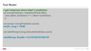 © 2016 MapR Technologies 10-45
// get instances where label != prediction
val wrongPrediction =(labelAndPreds.filter{
case (label, prediction) => ( label !=prediction)
})
val wrong= wrongPrediction.count()
res35: Long = 11040
val ratioWrong=wrong.toDouble/testData.count()
ratioWrong: Double = 0.3157443157443157
Test Model
 