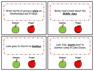 Common Proper Common Proper
Common Proper Common Proper
Brent works at grocery store on
Wednesdays and Fridays.
Betsy read a book about the
Middle Ages.
Lane goes to church on Sundays.
Last July, Austin went to
summer camp at Lake Ocoee.
 