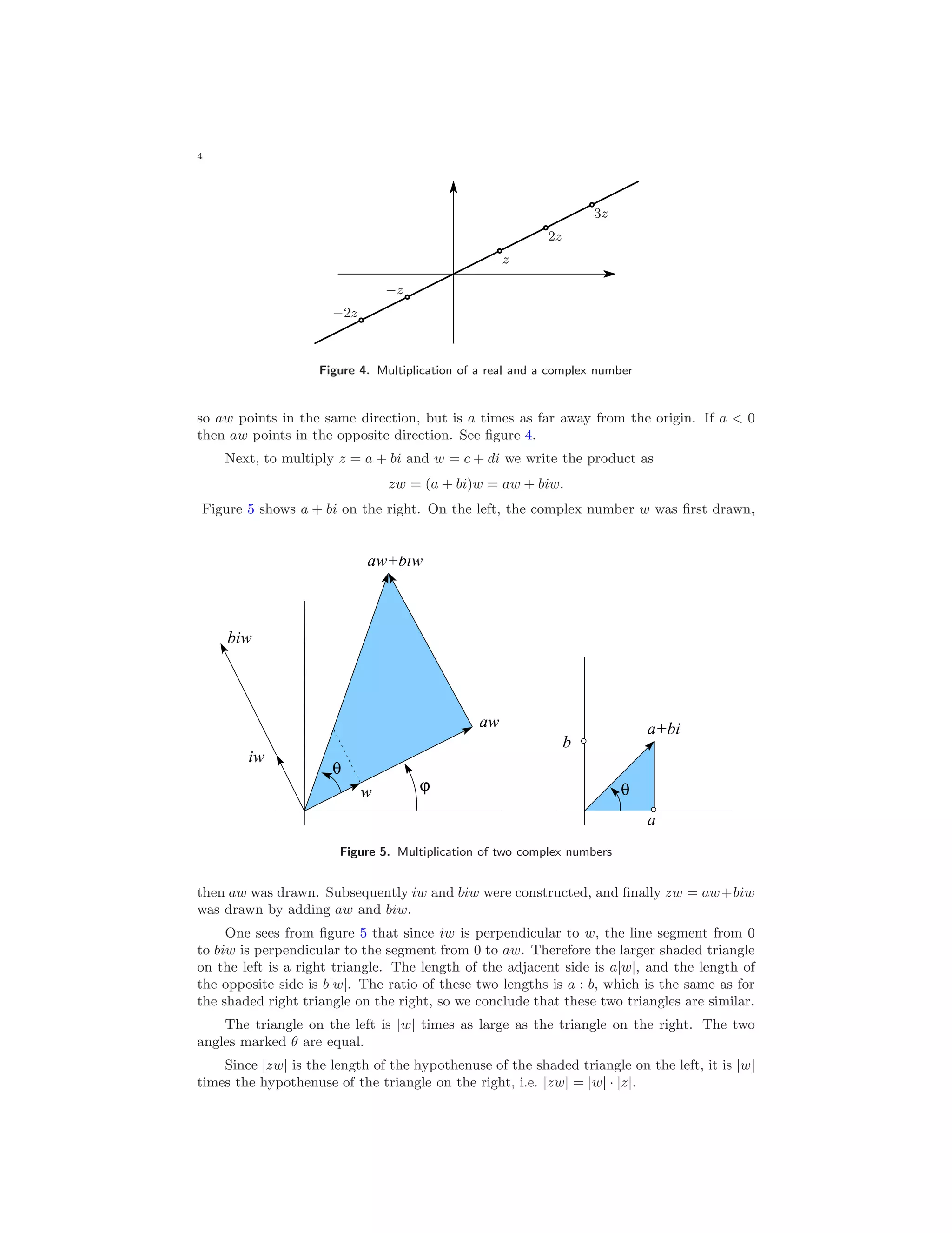 4
−2z
−z
z
2z
3z
Figure 4. Multiplication of a real and a complex number
so aw points in the same direction, but is a times as far away from the origin. If a < 0
then aw points in the opposite direction. See ﬁgure 4.
Next, to multiply z = a + bi and w = c + di we write the product as
zw = (a + bi)w = aw + biw.
Figure 5 shows a + bi on the right. On the left, the complex number w was ﬁrst drawn,
iw
w
aw
aw+biw
a
a+bi
biw
θ
θ
ϕ
b
Figure 5. Multiplication of two complex numbers
then aw was drawn. Subsequently iw and biw were constructed, and ﬁnally zw = aw+biw
was drawn by adding aw and biw.
One sees from ﬁgure 5 that since iw is perpendicular to w, the line segment from 0
to biw is perpendicular to the segment from 0 to aw. Therefore the larger shaded triangle
on the left is a right triangle. The length of the adjacent side is a|w|, and the length of
the opposite side is b|w|. The ratio of these two lengths is a : b, which is the same as for
the shaded right triangle on the right, so we conclude that these two triangles are similar.
The triangle on the left is |w| times as large as the triangle on the right. The two
angles marked θ are equal.
Since |zw| is the length of the hypothenuse of the shaded triangle on the left, it is |w|
times the hypothenuse of the triangle on the right, i.e. |zw| = |w| · |z|.
 