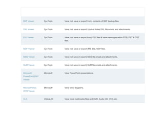BKF Viewer SysTools View (not save or export from) contents of BKF backup files.
DXL Viewer SysTools View (not save or export) Loutus Notes DXL file emails and attachments.
E01 Viewer SysTools View (not save or export from) E01 files & view messages within EDB, PST & OST
files.
MDF Viewer SysTools View (not save or export) MS SQL MDF files.
MSG Viewer SysTools View (not save or export) MSG file emails and attachments.
OLM Viewer SysTools View (not save or export) OLM file emails and attachments.
Microsoft
PowerPoint2007
Viewer
Microsoft View PowerPoint presentations.
MicrosoftVisio
2010 Viewer
Microsoft View Visio diagrams.
VLC VideoLAN View most multimedia files and DVD, Audio CD, VCD, etc.
 
