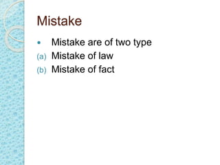 Mistake
 Mistake are of two type
(a) Mistake of law
(b) Mistake of fact
 