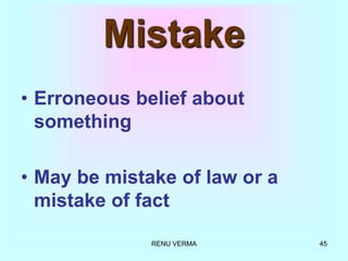 RENU VERMA 45
Mistake
• Erroneous belief about
something
• May be mistake of law or a
mistake of fact
 