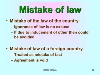 RENU VERMA 46
Mistake of law
• Mistake of the law of the country
– Ignorance of law is no excuse
– If due to inducement of other then could
be avoided
• Mistake of law of a foreign country
– Treated as mistake of fact
– Agreement is void
 