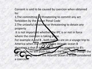 Consent is said to be caused by coercion when obtained
by:
1.The committing or threatening to commit any act
forbidden by the Indian Penal Code
2.The unlawful detaining or threatening to detain any
property
It is not important whether the IPC is or not in force
where the coercion is taking place.
For example A and B , both Indians are on a voyage trip to
America when the ship is on the Atlantic ocean B
threatens a that if doesn’t transfer his property to B’s
name then he will push him into the water.now though the
IPC is not in force on the Atlantic ocean it is still considered
a coercion.
 