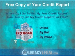 Free Copy of Your Credit Report
Where Do I Go To Get My Free Credit Report?
Can I Really Get My Credit Report For Free?
 OnlineOnline
 By MailBy Mail
 By PhoneBy Phone
 
