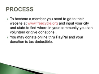 OUTPUTSRecycling can help with the environment to make your local community larger.Reusing good items helps save the local landfills from tons of clutter.Helps families that are in need of clothing or furniture. 
