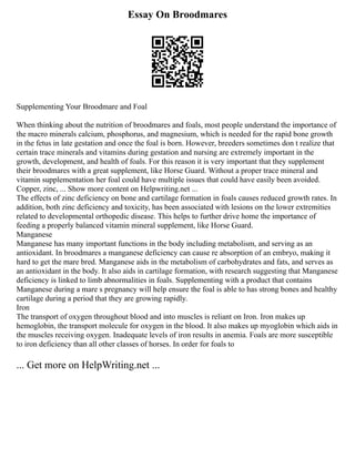 Essay On Broodmares
Supplementing Your Broodmare and Foal
When thinking about the nutrition of broodmares and foals, most people understand the importance of
the macro minerals calcium, phosphorus, and magnesium, which is needed for the rapid bone growth
in the fetus in late gestation and once the foal is born. However, breeders sometimes don t realize that
certain trace minerals and vitamins during gestation and nursing are extremely important in the
growth, development, and health of foals. For this reason it is very important that they supplement
their broodmares with a great supplement, like Horse Guard. Without a proper trace mineral and
vitamin supplementation her foal could have multiple issues that could have easily been avoided.
Copper, zinc, ... Show more content on Helpwriting.net ...
The effects of zinc deficiency on bone and cartilage formation in foals causes reduced growth rates. In
addition, both zinc deficiency and toxicity, has been associated with lesions on the lower extremities
related to developmental orthopedic disease. This helps to further drive home the importance of
feeding a properly balanced vitamin mineral supplement, like Horse Guard.
Manganese
Manganese has many important functions in the body including metabolism, and serving as an
antioxidant. In broodmares a manganese deficiency can cause re absorption of an embryo, making it
hard to get the mare bred. Manganese aids in the metabolism of carbohydrates and fats, and serves as
an antioxidant in the body. It also aids in cartilage formation, with research suggesting that Manganese
deficiency is linked to limb abnormalities in foals. Supplementing with a product that contains
Manganese during a mare s pregnancy will help ensure the foal is able to has strong bones and healthy
cartilage during a period that they are growing rapidly.
Iron
The transport of oxygen throughout blood and into muscles is reliant on Iron. Iron makes up
hemoglobin, the transport molecule for oxygen in the blood. It also makes up myoglobin which aids in
the muscles receiving oxygen. Inadequate levels of iron results in anemia. Foals are more susceptible
to iron deficiency than all other classes of horses. In order for foals to
... Get more on HelpWriting.net ...
 