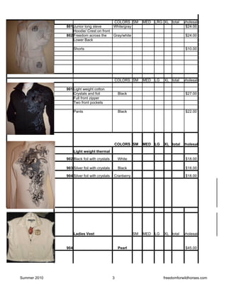 COLORS SM             MED   LRG XL total wholesale
              801 Junior long sleve      White/gray                                $24.00
                  Hoodie/ Crest on front
              802 Freedom across the     Gray/white                                   $24.00
                  Lower Back

                    Shorts                                                            $10.00




                                              COLORS SM        MED   LG   XL total wholesale

              901 Light weight cotton
                  Crystals and foil               Black                               $27.00
                  Full front zipper
                  Two front pockets

                    Pants                         Black                               $22.00




                                              COLORS SM        MED   LG   XL total wholesale
                    Light weight thermal

              902 Black foil with crystals        White                               $18.00

              903 Silver foil with crystals       Black                               $18.00

              904 Silver foil with crystals   Cranberry                               $18.00




                    Ladies Vest                           SM   MED   LG   XL total wholesale


              904                                 Pearl                               $45.00




Summer 2010                                   3                           freedomforwildhorses.com
 