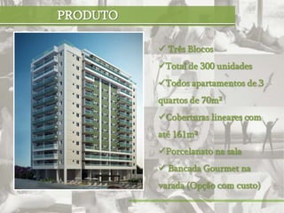 PRODUTO

           Três Blocos
          Total de 300 unidades
          Todos apartamentos de 3
          quartos de 70m²
          Coberturas lineares com
          até 161m²
          Porcelanato na sala
           Bancada Gourmet na
          varada (Opção com custo)
 