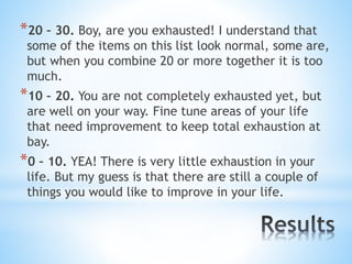 *20 – 30. Boy, are you exhausted! I understand that
some of the items on this list look normal, some are,
but when you combine 20 or more together it is too
much.
*10 – 20. You are not completely exhausted yet, but
are well on your way. Fine tune areas of your life
that need improvement to keep total exhaustion at
bay.
*0 – 10. YEA! There is very little exhaustion in your
life. But my guess is that there are still a couple of
things you would like to improve in your life.
 