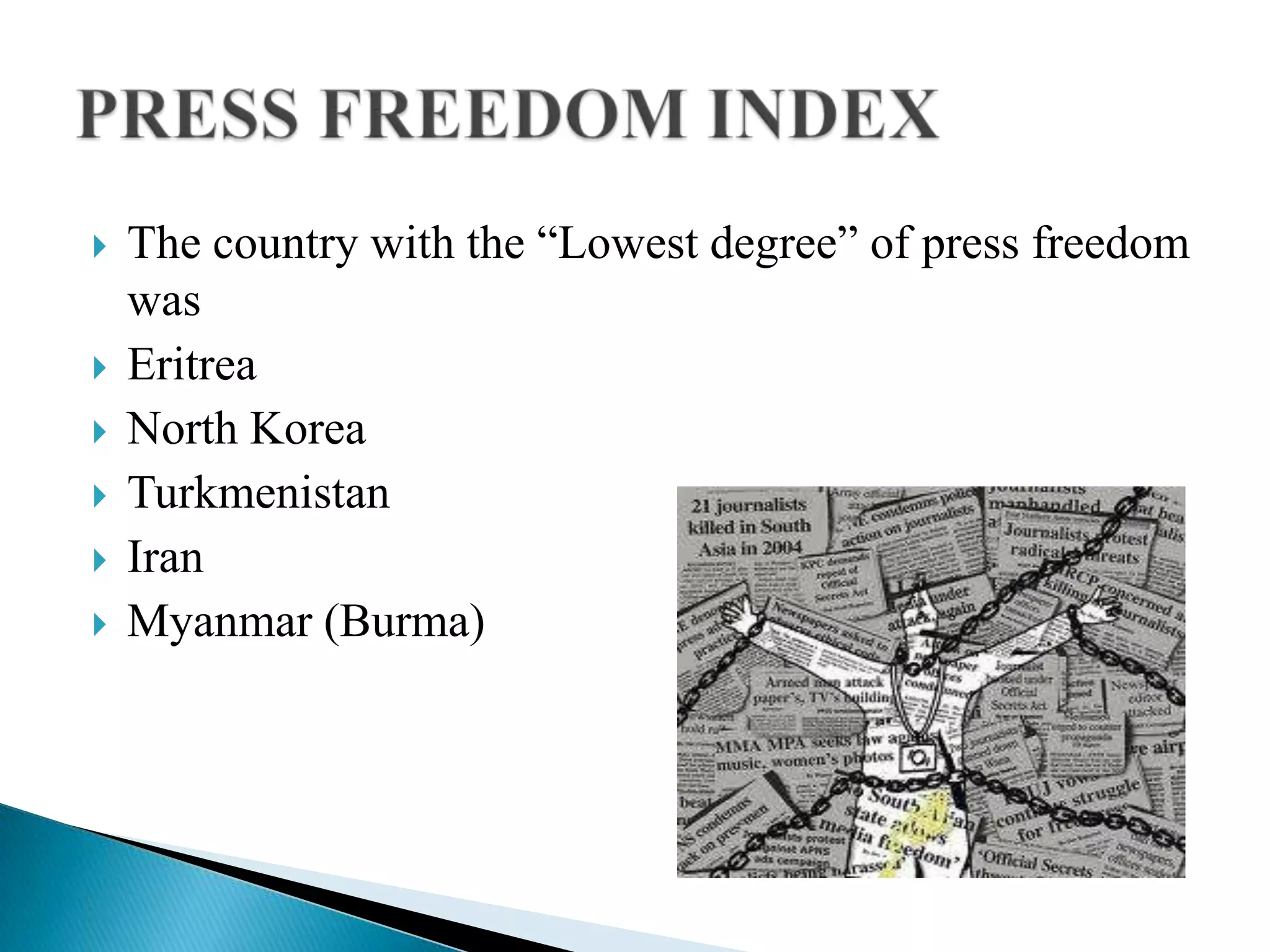    The country with the “Lowest degree” of press freedom
    was
   Eritrea
   North Korea
   Turkmenistan
   Iran
   Myanmar (Burma)
 