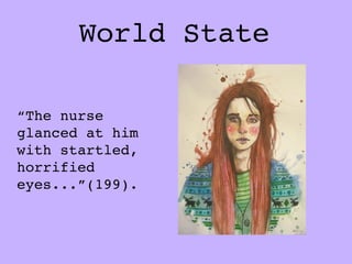 World State

“The nurse
glanced at him
with startled,
horrified
eyes...”(199).
 