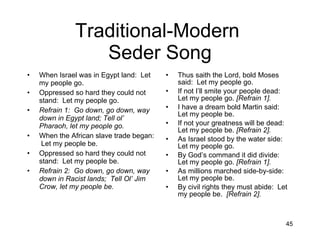 Traditional-Modern  Seder Song When Israel was in Egypt land:  Let my people go. Oppressed so hard they could not stand:  Let my people go. Refrain 1:  Go down, go down, way down in Egypt land; Tell ol’ Pharaoh, let my people go. When the African slave trade began:  Let my people be. Oppressed so hard they could not stand:  Let my people be. Refrain 2:  Go down, go down, way down in Racist lands;  Tell Ol’ Jim Crow, let my people be. Thus saith the Lord, bold Moses said:  Let my people go. If not I’ll smite your people dead:  Let my people go.  [Refrain 1]. I have a dream bold Martin said:  Let my people be. If not your greatness will be dead:  Let my people be.  [Refrain 2]. As Israel stood by the water side:  Let my people go. By God’s command it did divide:  Let my people go.  [Refrain 1]. As millions marched side-by-side:  Let my people be. By civil rights they must abide:  Let my people be.  [Refrain 2]. 