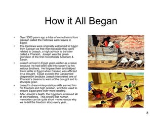 How it All Began Over 3000 years ago a tribe of monotheists from Canaan called the Hebrews were slaves in Egypt. The Hebrews were originally welcomed to Egypt from Canaan as free men because they were related to Joseph, a high advisor to the ruler called a Pharaoh.  Joseph was the great-grandson of the first monotheists Abraham & Sarah. Joseph arrived in Egypt years earlier as a slave because  he had been sold into slavery by his jealous brothers.  He forgave them and helped them settle in Egypt when Canaan was afflicted by a drought.  Egypt avoided the Canaanites’ desperation because Joseph interpreted one of Pharaoh’s dreams to warn of the drought and to stockpile grain. Joseph’s dream-interpretation skills earned him his freedom and high position, which he used to ensure Egypt grew ever-more wealthy. After Joseph’s death, the Egyptians enslaved all of the Hebrews.  This shows that human memories can be quite short -- one reason why we re-tell the freedom story every year. 