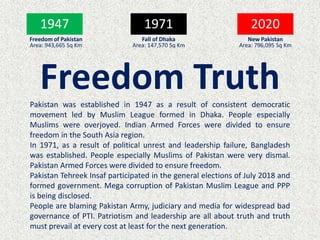 1947 1971 2020
Freedom of Pakistan
Area: 943,665 Sq Km
Fall of Dhaka
Area: 147,570 Sq Km
New Pakistan
Area: 796,095 Sq Km
Freedom TruthPakistan was established in 1947 as a result of consistent democratic
movement led by Muslim League formed in Dhaka. People especially
Muslims were overjoyed. Indian Armed Forces were divided to ensure
freedom in the South Asia region.
In 1971, as a result of political unrest and leadership failure, Bangladesh
was established. People especially Muslims of Pakistan were very dismal.
Pakistan Armed Forces were divided to ensure freedom.
Pakistan Tehreek Insaf participated in the general elections of July 2018 and
formed government. Mega corruption of Pakistan Muslim League and PPP
is being disclosed.
People are blaming Pakistan Army, judiciary and media for widespread bad
governance of PTI. Patriotism and leadership are all about truth and truth
must prevail at every cost at least for the next generation.
 