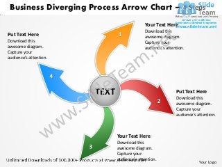 Business Diverging Process Arrow Chart – 4 Steps
                                             Your Text Here
                                             Download this
Put Text Here                  1             awesome diagram.
Download this                                Capture your
awesome diagram.                             audience’s attention.
Capture your
audience’s attention.




                        TEXT                                 Put Text Here
                                                             Download this
                                                             awesome diagram.
                                                             Capture your
                                                             audience’s attention.



                               Your Text Here
                               Download this
                               awesome diagram.
                               Capture your
                               audience’s attention.
                                                                         Your Logo
 