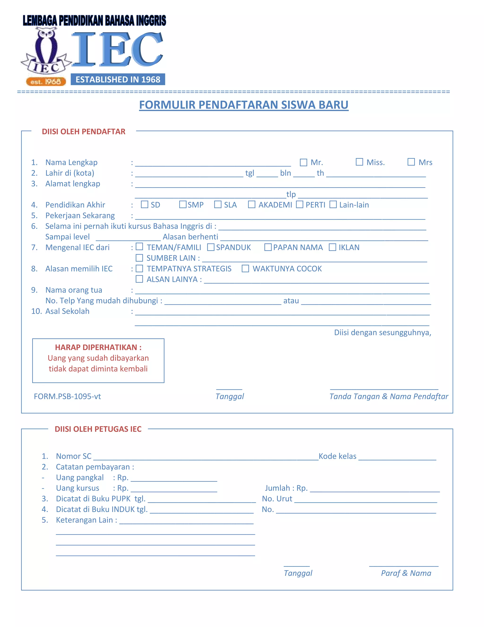 Free download formulir pendaftaran murid baru iec | DOCX
