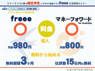freee
ク ラ ウ ド 会 計 ソ フ ト 徹 底 比 較
マネーフォワード
月額９８０円
for business
料金
月額８００円
無料期間３ヶ月 仕訳数１５以内は無料
 