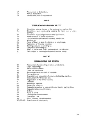 17.          Amendment of declaration.
18.          Annual declaration.
19.          Validity and proof of registration.


                                    PART V


                   DISSOLUTION AND WINDING UP ETC.

20.          Dissolution upon a change in the partners in a partnership.
21.          Dissolution upon partnership ceasing to have two or more
             partners.
22.          Dissolution by act of partner or other occurrence.
23.          Power of Court to order dissolution.
24.          Continuation of partnership following dissolution.
25.          Winding up.
26.          Power of Court to give directions as to winding up.
27.          Application of financial provision.
28.          Settling accounts on winding up.
29.          Completion of winding up.
30.          Effect of declaration that a partnership is “en désastre”.
31.          Cancellation of registration following winding up etc.


                                   PART VI


                       MISCELLANEOUS AND GENERAL

32.          Recognition of proceedings in other jurisdictions.
33.          Legal proceedings.
34.          Service of documents.
35.          Order for compliance.
36.          Appointment and functions of registrar.
37.          Fees and forms.
38.          Inspection and production of documents kept by registrar.
39.          Destruction of old records, etc.
40.          Registration in the Public Registry.
41.          Offences.
42.          Aiders and abettors.
43.          Penalty for offences.
44.          Regulations relating to insolvent limited liability partnerships.
45.          Regulations to amend Article 6.
46.          Orders.
47.          Rules of court.
48.          Consequential amendments.
49.          Customary Law.
50.          Short title and commencement.
SCHEDULE -   Amendment of enactments.




                                                                                 208
 
