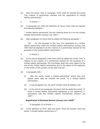 (b)      after the words “sale or exchange,” there shall be inserted the words
      “the creation of partnership interests and the registration of limited
      liability partnerships”.

2.              In Article 1 –

(a)     in paragraph (1), after the definition of “issue” there shall be inserted
      the following definition –

      “ ‘limited liability partnership’ has the meaning given to it by the Limited
      Liability Partnerships (Jersey) Law 1997;”.

(b)         after paragraph (5) there shall be added the following paragraph –

           “(6)      For the purposes of this Law, the registration of a limited
      liability partnership under the Limited Liability Partnerships (Jersey) Law
      1997 shall be deemed to be the creation of a partnership interest for the
      purposes of the limited liability partnership.”.

3.              In Article 2 –

(a)      at the end of paragraph (1AA) there shall be added the words “and, in
      relation to the creation of a partnership interest for the purposes of a
      limited liability partnership, the Committee shall also have regard to the
      size of the limited liability partnership and to the status of the applicant
      or the holder of the consent, as the case may be”;

(b)         in paragraph (2A) –

      (i)        after the words “under a limited partnership” where they first
              appear there shall be inserted the words “or a limited liability
              partnership”;

      (ii)      in sub-paragraph (a), the word “limited” shall be deleted; and

      (iii)     at the end of sub-paragraph (b) there shall be added the words “or
              under a limited liability partnership registered, or not registered, in
              accordance with the Limited Liability Partnerships (Jersey) Law
              1997”.

         Registration of Business Names (Jersey) Law 195612

1.              In paragraph (1) of Article 1 –

(a)     in the definition of “firm” after the words “shall not include” insert the
      words “a limited liability partnership or”;




                                                                                 239
 