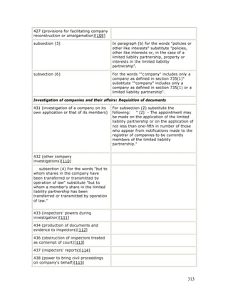 427 (provisions for facilitating company
reconstruction or amalgamation)[109]

subsection (3)                             In paragraph (b) for the words "policies or
                                           other like interests" substitute "policies,
                                           other like interests or, in the case of a
                                           limited liablity partnership, property or
                                           interests in the limited liability
                                           partnership".

subsection (6)                             For the words ""c ompany" includes only a
                                           company as defined in section 735(1)"
                                           substitute ""company" includes only a
                                           company as defined in section 735(1) or a
                                           limited liability partnership".

Investigation of companies and their affairs: Requisition of documents

431 (investigation of a company on its     For subsection (2) substitute the
own application or that of its members)    following:     " (2) - The appointment may
                                           be made on the application of the limited
                                           liability partnership or on the application of
                                           not less than one-fifth in number of those
                                           who appear from notifications made to the
                                           registrar of companies to be currently
                                           members of the limited liability
                                           partnership."


432 (other company
investigations)[110]

    subsection (4) For the words "but to
whom shares in the company have
been transferred or transmitted by
operation of law" substitute "but to
whom a member's share in the limited
liability partnership has been
transferred or transmitted by operation
of law."


433 (inspectors' powers during
investigation)[111]

434 (production of documents and
evidence to inspectors)[112]

436 (obstruction of inspectors treated
as contempt of court)[113]

437 (inspectors' reports)[114]

438 (power to bring civil proceedings
on company's behalf)[115]



                                                                                     313
 