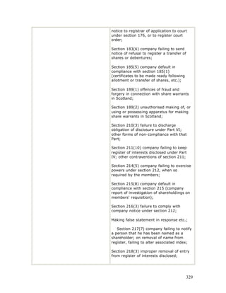 notice to registrar of application to court
under section 176, or to register court
order;

Section 183(6) company failing to send
notice of refusal to register a transfer of
shares or debentures;

Section 185(5) company default in
compliance with section 185(1)
(certificates to be made ready following
allotment or transfer of shares, etc.);

Section 189(1) offences of fraud and
forgery in connection with share warrants
in Scotland;

Section 189(2) unauthorised making of, or
using or possessing apparatus for making
share warrants in Scotland;

Section 210(3) failure to discharge
obligation of disclosure under Part VI;
other forms of non-compliance with that
Part;

Section 211(10) company failing to keep
register of interests disclosed under Part
IV; other contraventions of section 211;

Section 214(5) company failing to exercise
powers under section 212, when so
required by the members;

Section 215(8) company default in
compliance with section 215 (company
report of investigation of shareholdings on
members' requisition);

Section 216(3) failure to comply with
company notice under section 212;

Making false statement in response etc.;

   Section 217(7) company failing to notify
a person that he has been named as a
shareholder; on removal of name from
register, failing to alter associated index;

Section 218(3) improper removal of entry
from register of interests disclosed;




                                              329
 