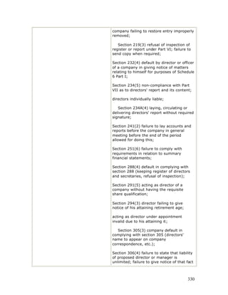 company failing to restore entry improperly
removed;

   Section 219(3) refusal of inspection of
register or report under Part VI; failure to
send copy when required;

Section 232(4) default by director or officer
of a company in giving notice of matters
relating to himself for purposes of Schedule
6 Part I;

Section 234(5) non-compliance with Part
VII as to directors' report and its content;

directors individually liable;

   Section 234A(4) laying, circulating or
delivering directors' report without required
signature;

Section 241(2) failure to lay accounts and
reports before the company in general
meeting before the end of the period
allowed for doing this;

Section 251(6) failure to comply with
requirements in relation to summary
financial statements;

Section 288(4) default in complying with
section 288 (keeping register of directors
and secretaries, refusal of inspection);

Section 291(5) acting as director of a
company without having the requisite
share qualification;

Section 294(3) director failing to give
notice of his attaining retirement age;

acting as director under appointment
invalid due to his attaining it;

   Section 305(3) company default in
complying with section 305 (directors'
name to appear on company
correspondence, etc.);

Section 306(4) failure to state that liability
of proposed director or manager is
unlimited; failure to give notice of that fact



                                          330
 