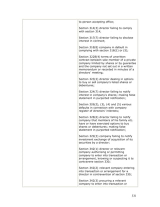 to person accepting office;

Section 314(3) director failing to comply
with section 314;

Section 317(7) director failing to disclose
interest in contract;

Section 318(8) company in default in
complying with section 318(1) or (5);

Section 322B(4) terms of unwritten
contract between sole member of a private
company limited by shares or by guarantee
and the company not set out in a written
memorandum or recorded in minutes of a
directors' meeting;

Section 323(2) director dealing in options
to buy or sell company's listed shares or
debentures;

Section 324(7) director failing to notify
interest in company's shares; making false
statement in purported notification;

Section 326(2), (3), (4) and (5) various
defaults in connection with company
register of directors' interests;

Section 328(6) director failing to notify
company that members of his family etc.
have or have exercised options to buy
shares or debentures; making false
statement in purported notification;

Section 329(3) company failing to notify
investment exchange of acquisition of its
securities by a director;

Section 342(1) director or relevant
company authorising or permitting
company to enter into transaction or
arrangement, knowing or suspecting it to
contravene section 330;

Section 342(2) relevant company entering
into transaction or arrangement for a
director in contravention of section 330;

Section 342(3) procuring a relevant
company to enter into transaction or



                                           331
 